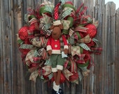 Deco Mesh Reindeer Wreath Woodsy Burlap Plaid Cabin Christmas Decor