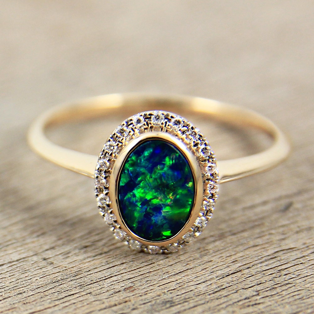 Black Opal Diamond Engagement Wedding Ring 14K Gold Natural