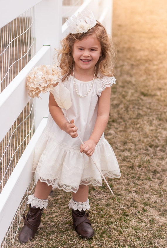 Rustic Flower Girl Dress girls 2 thru 6 Off-White Cotton