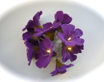 Fairy lights string,Wet felted flowers,Led lights.purple.