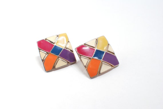 1970 Geometric Colorful Earrings, Vintage Mod Retro Lines, Colors Red Orange Purple Blue White Enamel on Metal