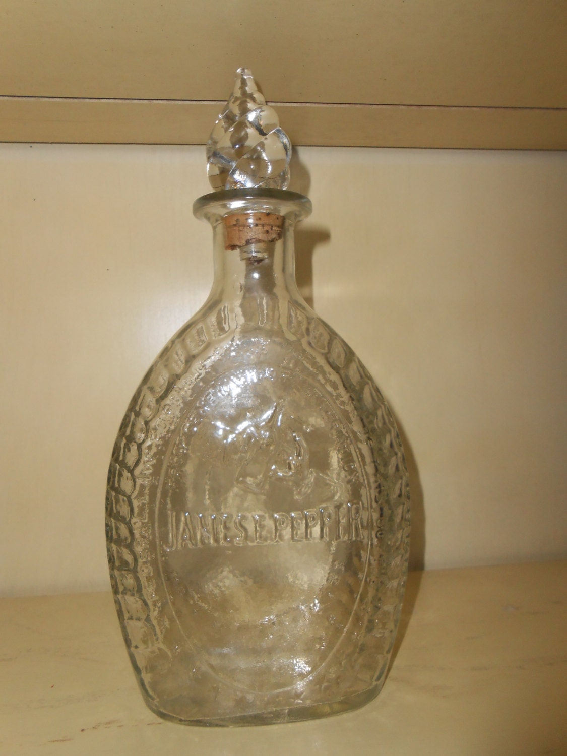 Antique James E Pepper Whiskey Bottle Decanter Cork Glass