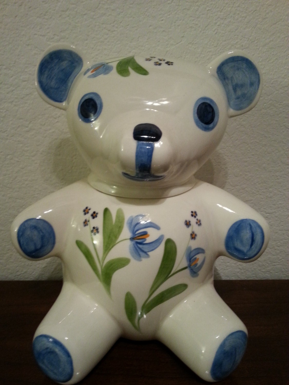Ceramic Bear Cookie Jar Blue & Off White