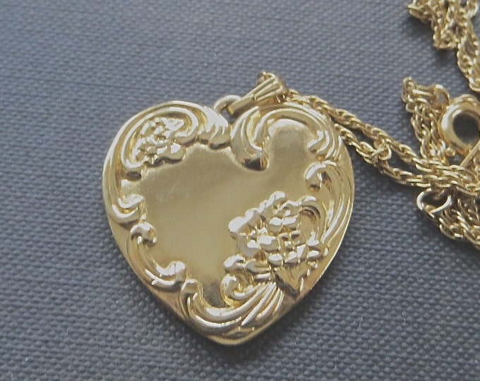 Art Nouveau Heart Necklace, 28" chain, Raised Florals, Love Etched on Back, Classic and Elegant