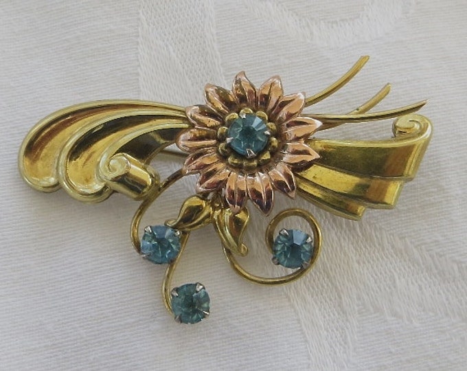 Harry Iskin Brooch, Gold Filled with Blue Rhinestones, 1940s Pin, Designer signed Jewelry