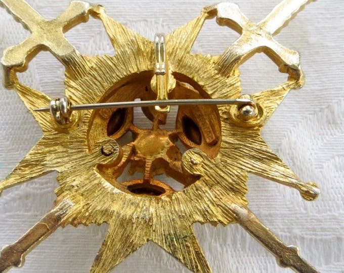 Maltese Cross Brooch Pendant Signed Rousseau Vintage Heraldic Jewelry