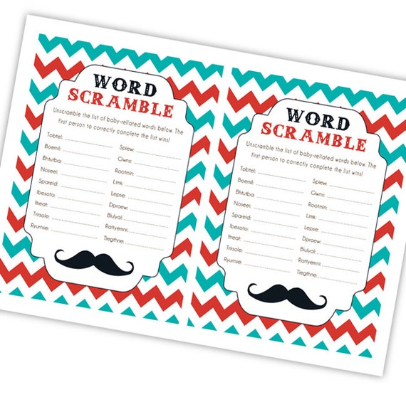 Little Man Mustache Baby Shower Word Scramble Game by ByYolanda