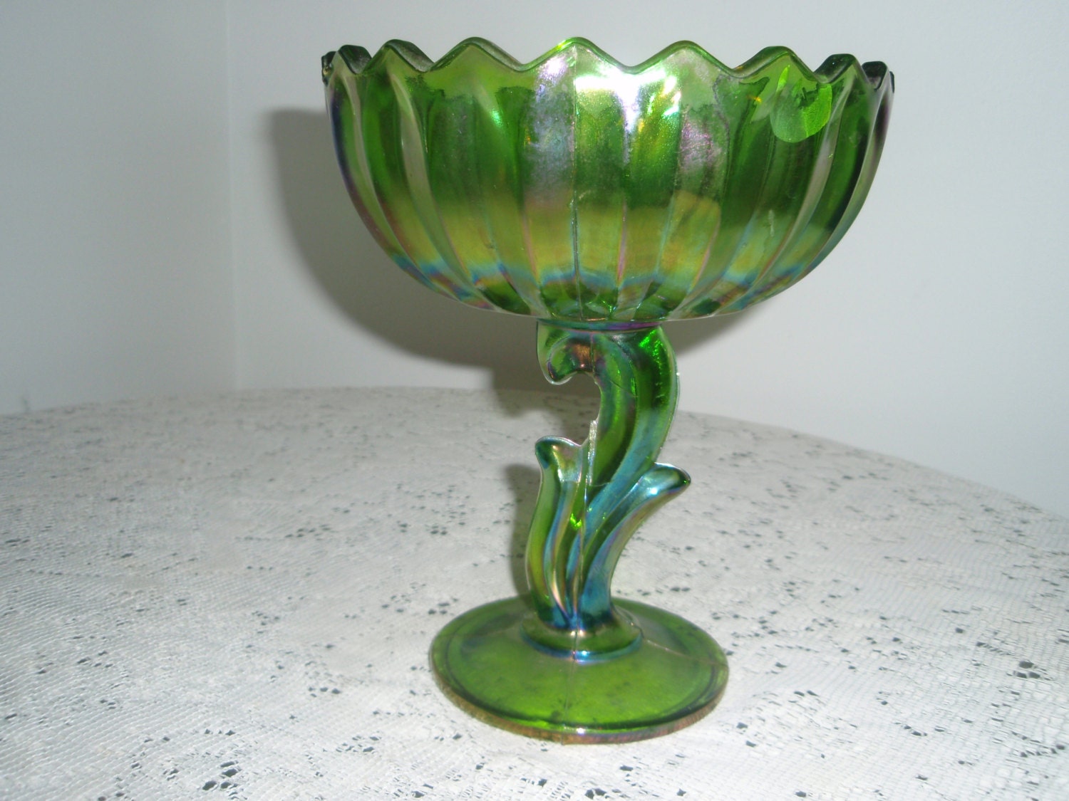Vintage Green Carnival glass compote Art Nouveau Style Ombre