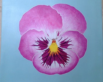 hand painted canvas rug/ floor cloth/pansy/flower/pink/purple/art for the floor/colorful