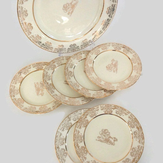 Vintage China Cake Plate22K Gold Trim6 Matching Dessert