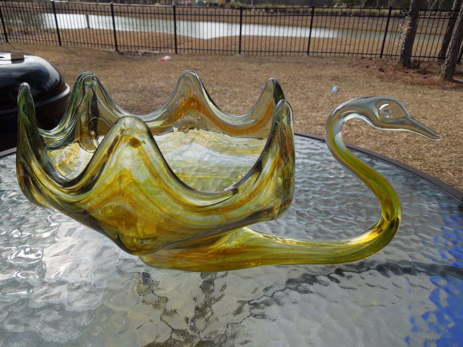 Vintage Art Glass Swan Bowl Large Green and Brown Glass