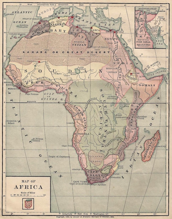 Items similar to 1884 Map of Africa Inset of Suez Canal Small Map Great ...