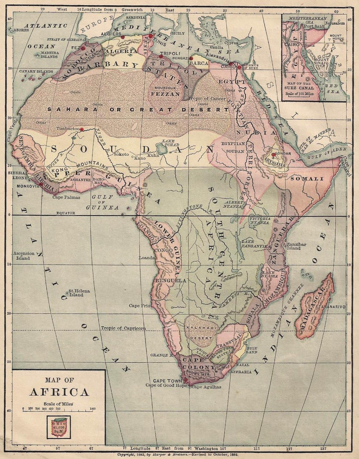 1884 Map of Africa Inset of Suez Canal Small Map by MyPaperedPast