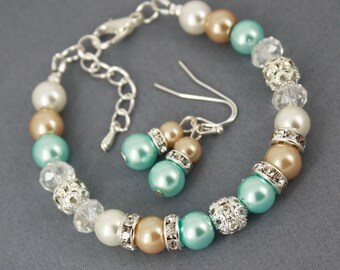 Aqua and Ivory Bracelet, Bridesmaids Gift, Aqua Pearl Bracelet, Bridesmaid Bracelet, Aqua and Champagne Bracelet, Wedding Bracelet