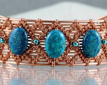 Wire Woven Copper Bracelet with turquoise beads.