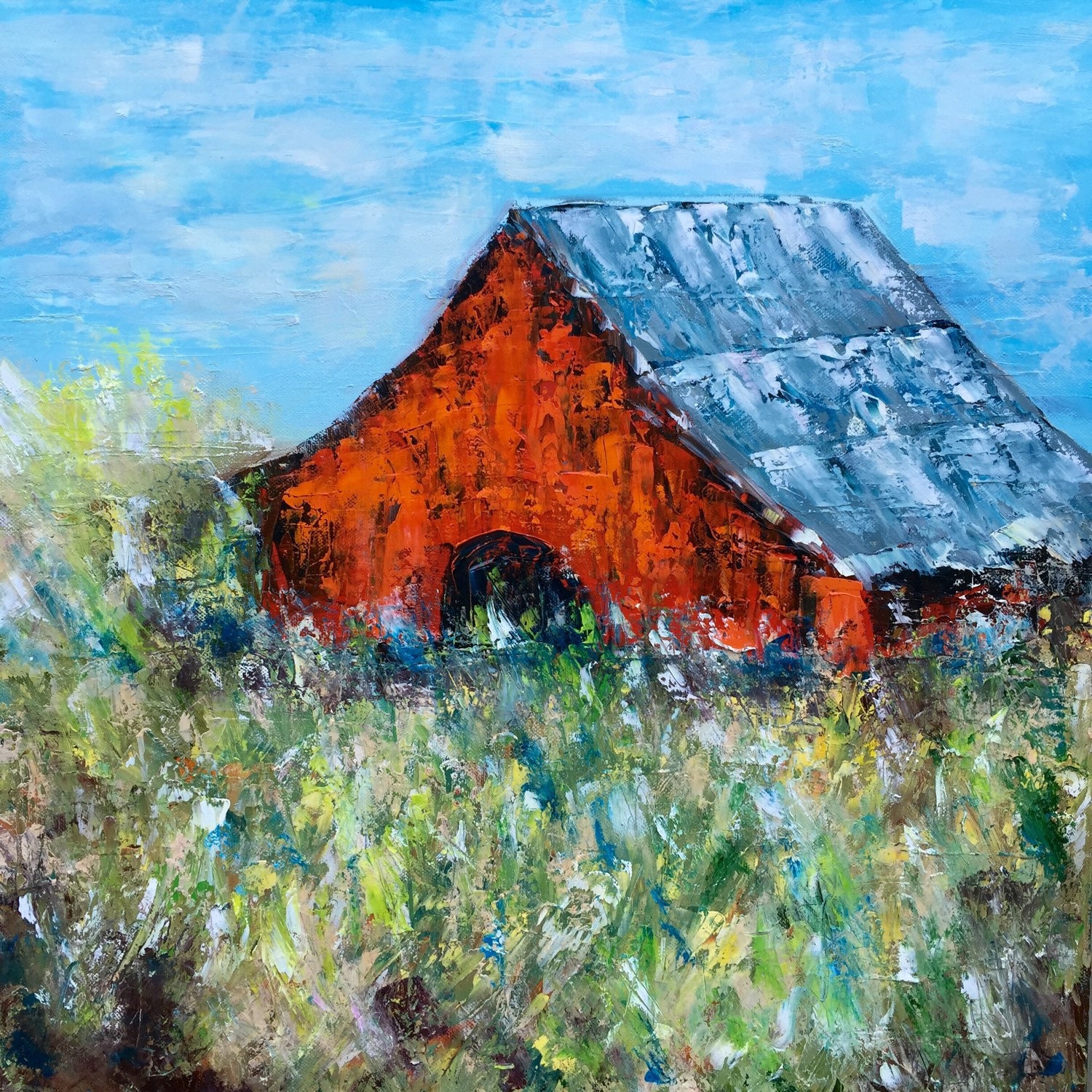Original oil painting old red barn 20x20 by EmmalouiseBell