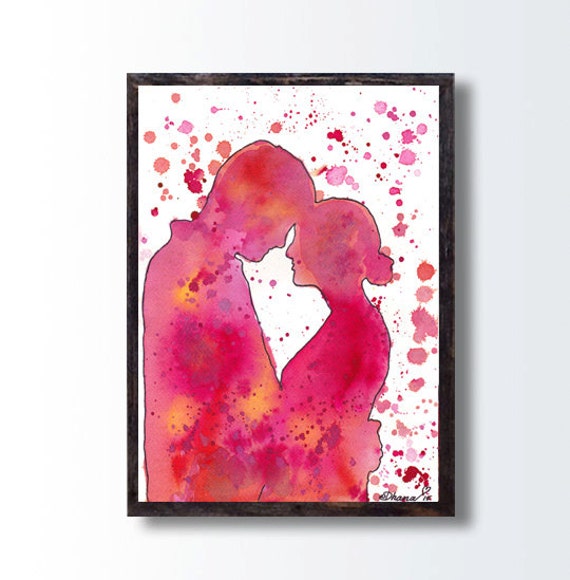 Items similar to Original Silhouette Watercolor Painting, Love Couple