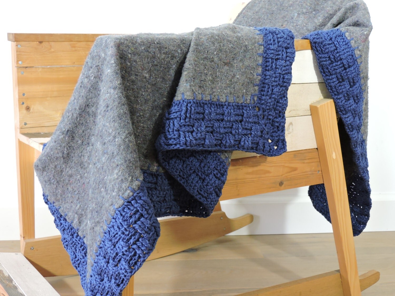 SALE crocheted blanket grey moving blanket with navyblue