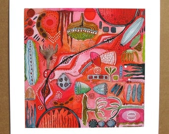 Giclee Print on Paper, contemporary print, very lively and colorful, reds, pinks