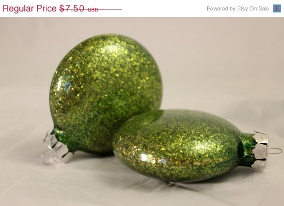 Closing Sale Green & Gold Glitter Glass Disc Christmas Ornament - Handmade