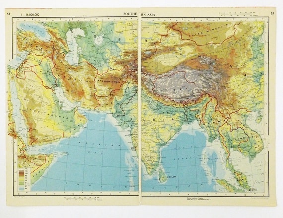 Southern Asia Map Large 1951 Vintage Map of Southern Asia