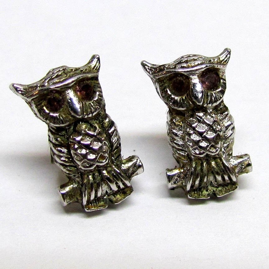 Vintage Pair of Owl Earrings with Rhinestone by