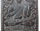 Budha Interiors Indian Wall Hanging Holding Alms Bowl Buddha Carved Wood Panels 36 X 48