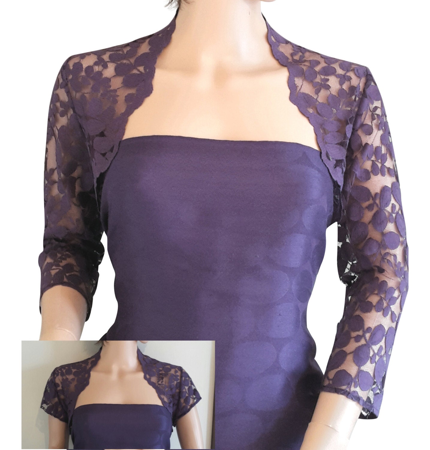 Ladies Purple Grape Lace Shrug/Bolero 3/4 or Short Sleeve in