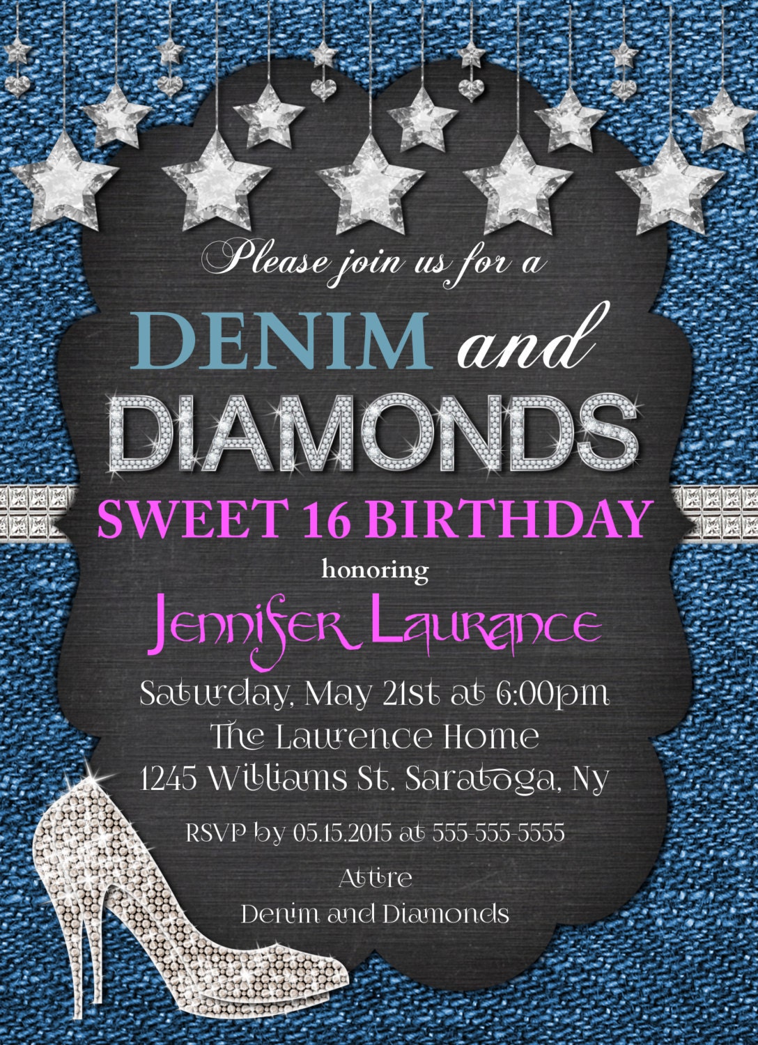 DENIM & DIAMONDS Hot Pink Invitation/Sweet 16 21st 30th 40th