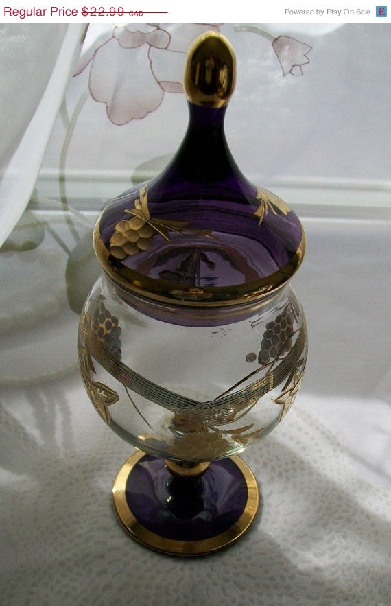 Vintage glass candy dish purple and gold lidded by NewtoUVintage