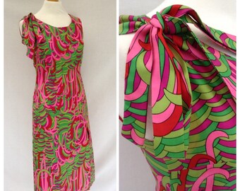 1960's psychedelic,maxi dress , gogo, pink , green,women vintage dress size 8-10