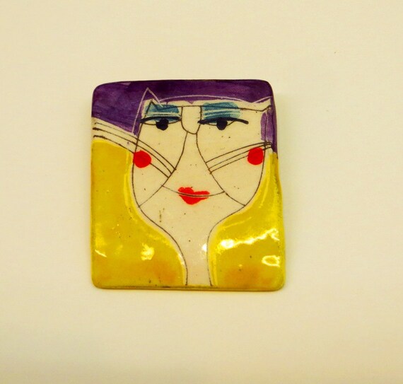 Purple + Yelow Magic Cat - Ceramic Brooch Pin Jewelry Brooch Modern Ceramic Jewelry Unusual Brooch