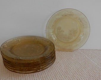 Depression Glass , amber glass , sharon cabbage rose, dessert plate, 6in ,1930s glassware, replacements ,federal glass, vintage, (8 PC's)