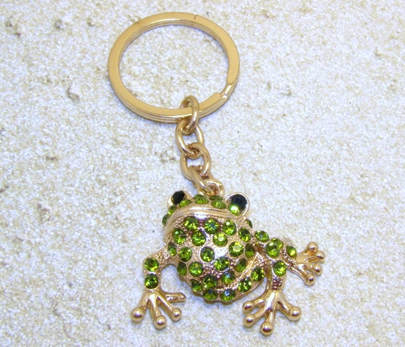 Green Rhinestone Frog Key Ring Frog Keychain by 24sevenjewelry