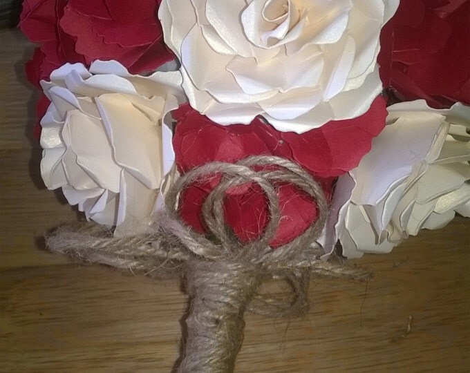 Red and Ivory Bridal Bouquet with Rustic Accent, Paper Wedding Bouquet, Wedding Bouquet, Paper Roses, Wedding Flowers