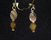 MOP Double Shape Dangles Pierced Earrings with Gold Plated Hooks and Findings,Oval amd Six Sided Mother of Pearl