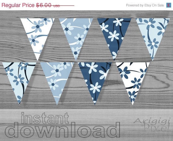 Spring SALE 50 % OFF blue printable party banner, flowers pattern, download immediately, PDF files for home printing Il_570xn