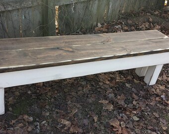Large Primitive Farm House Bench Fully DISTRESSED Rustic Dark Walnut Stain Antique Country White Farmhouse 14-1/2x67x18"h Custom Sizes Color