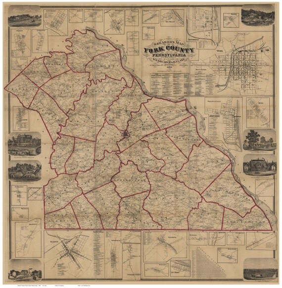 York County Pennsylvania 1860 Old Wall Map with Homeowner