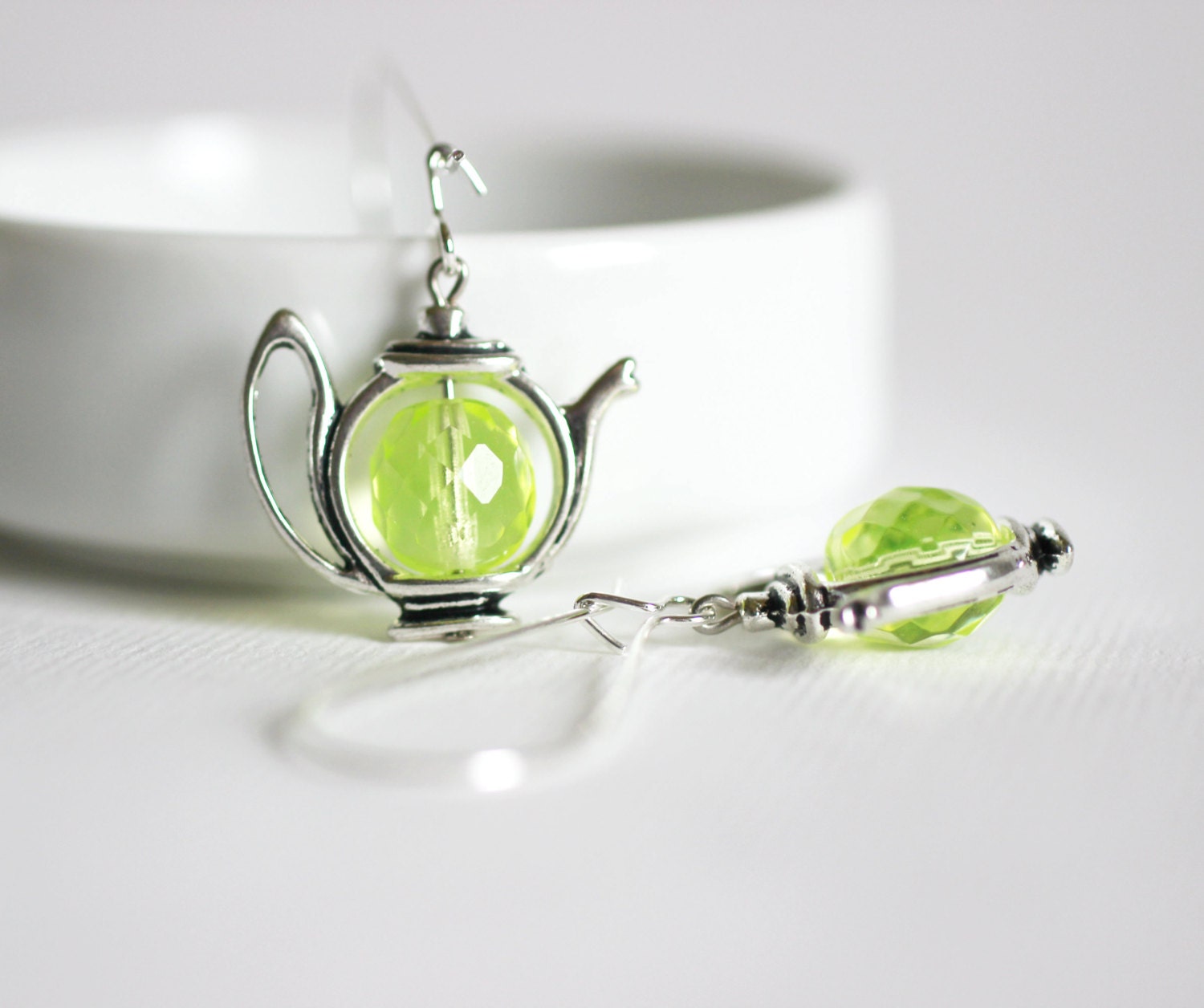 Teapot Earrings Lemon Green Earrings Silver Teapot Earrings