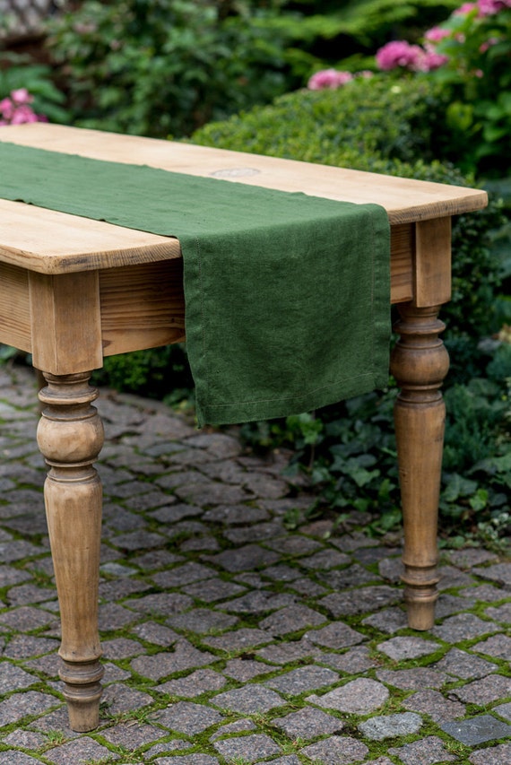 Green Vintage Stone Washed Linen Table Runner