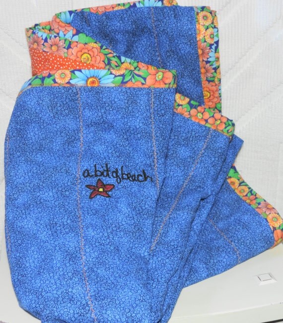 SALE * 50 OFF * Quilted Beach Blanket Towel Denim Blue Orange Floral
