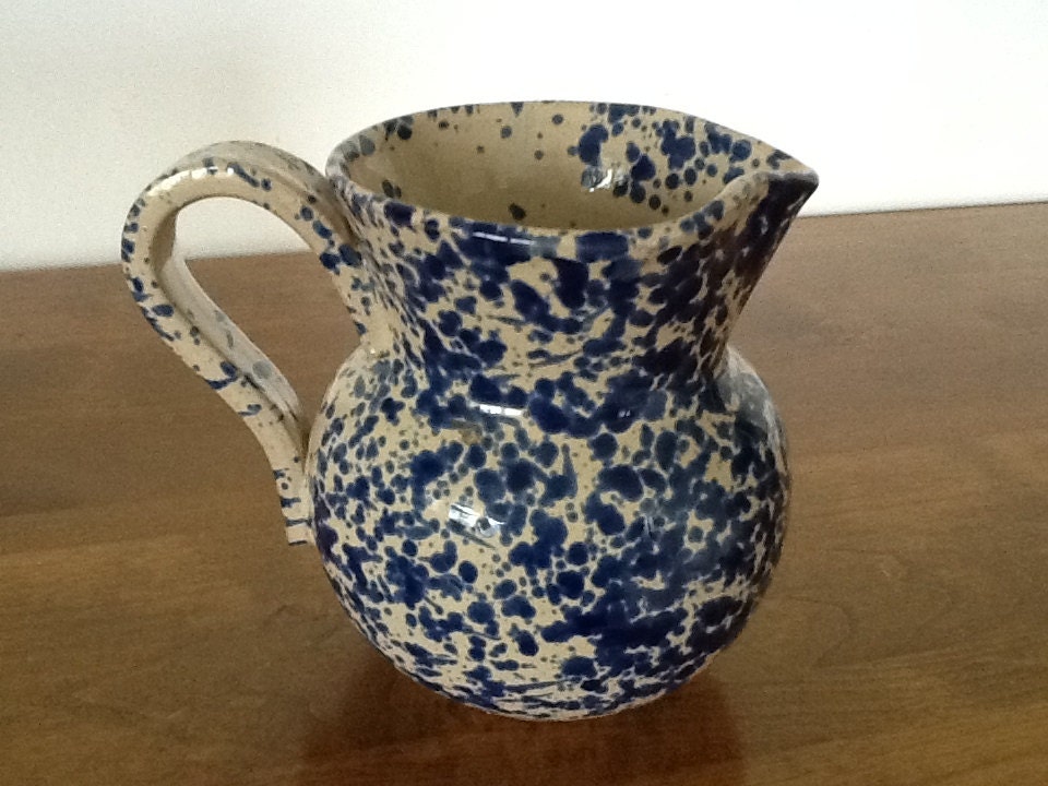 Vintage Blue and White Spatterware Pitcher, MidSize, Pottery
