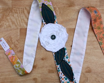 Frayed Flower Headband, Boho Shabby Cotton Head Wrap, White, Orange and Teal Patchwork, with Raveled Rose Applique