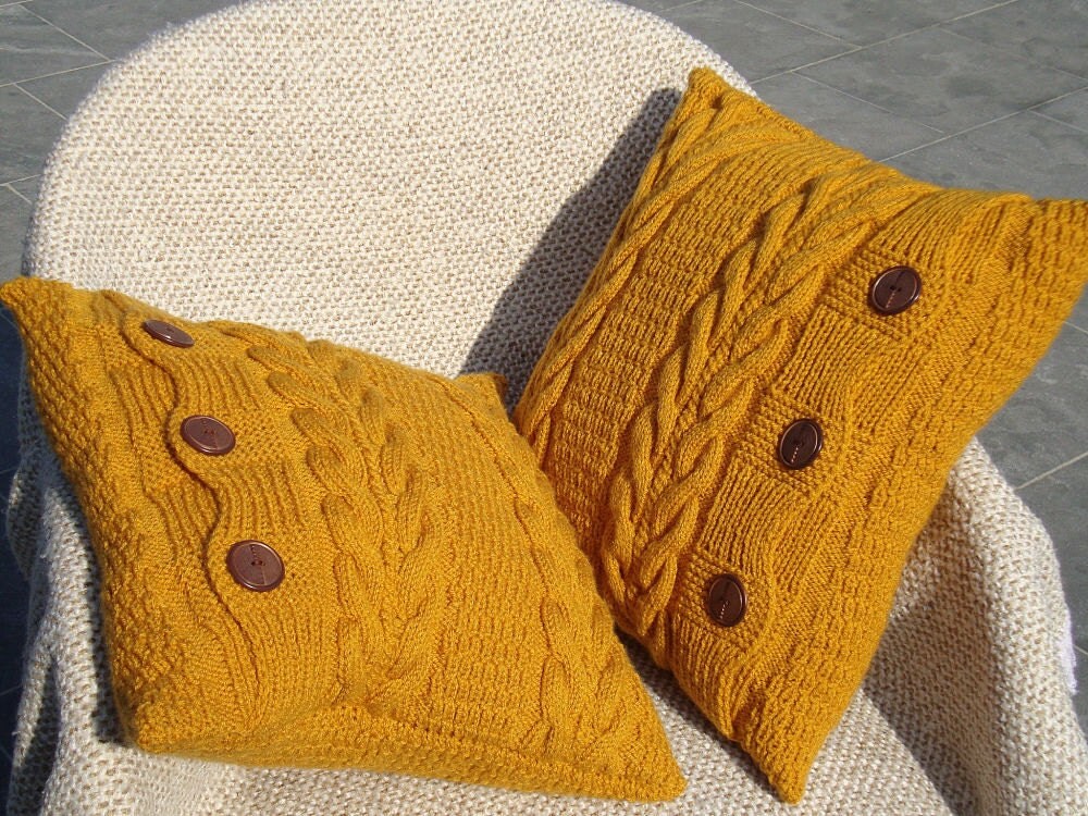 Mustard knit pillows chunky throw pillows knit by