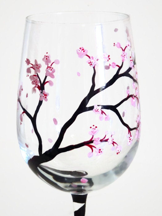 Cherry Blossoms Hand Painted Wine Glass Japanese Zen Stemware