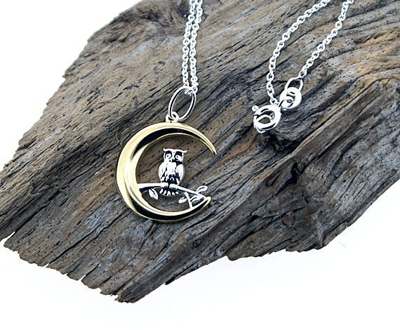 sterling silver owl and crescent moon necklace two tone sterling silver owl and crescent moon necklace two tone