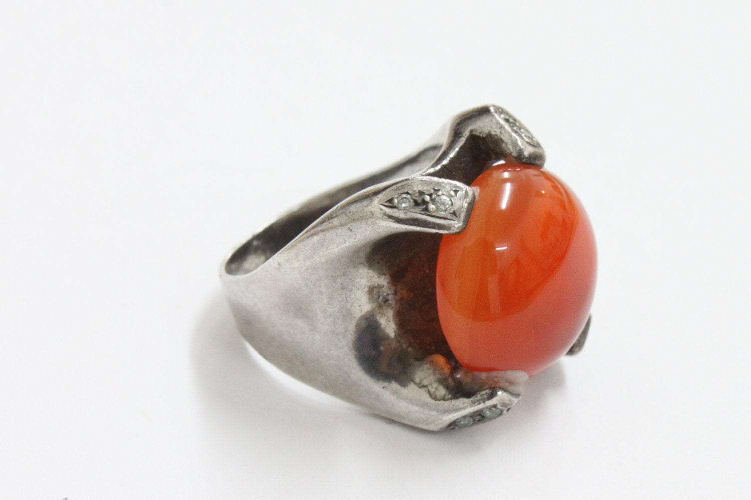 Vintage 925 Silver Ring With Big Orange Stone And Zircon