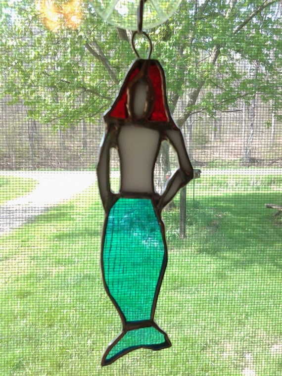 5 x 1 and1/2 Stained glass Mermaid suncatcher by OldTimeCrafts