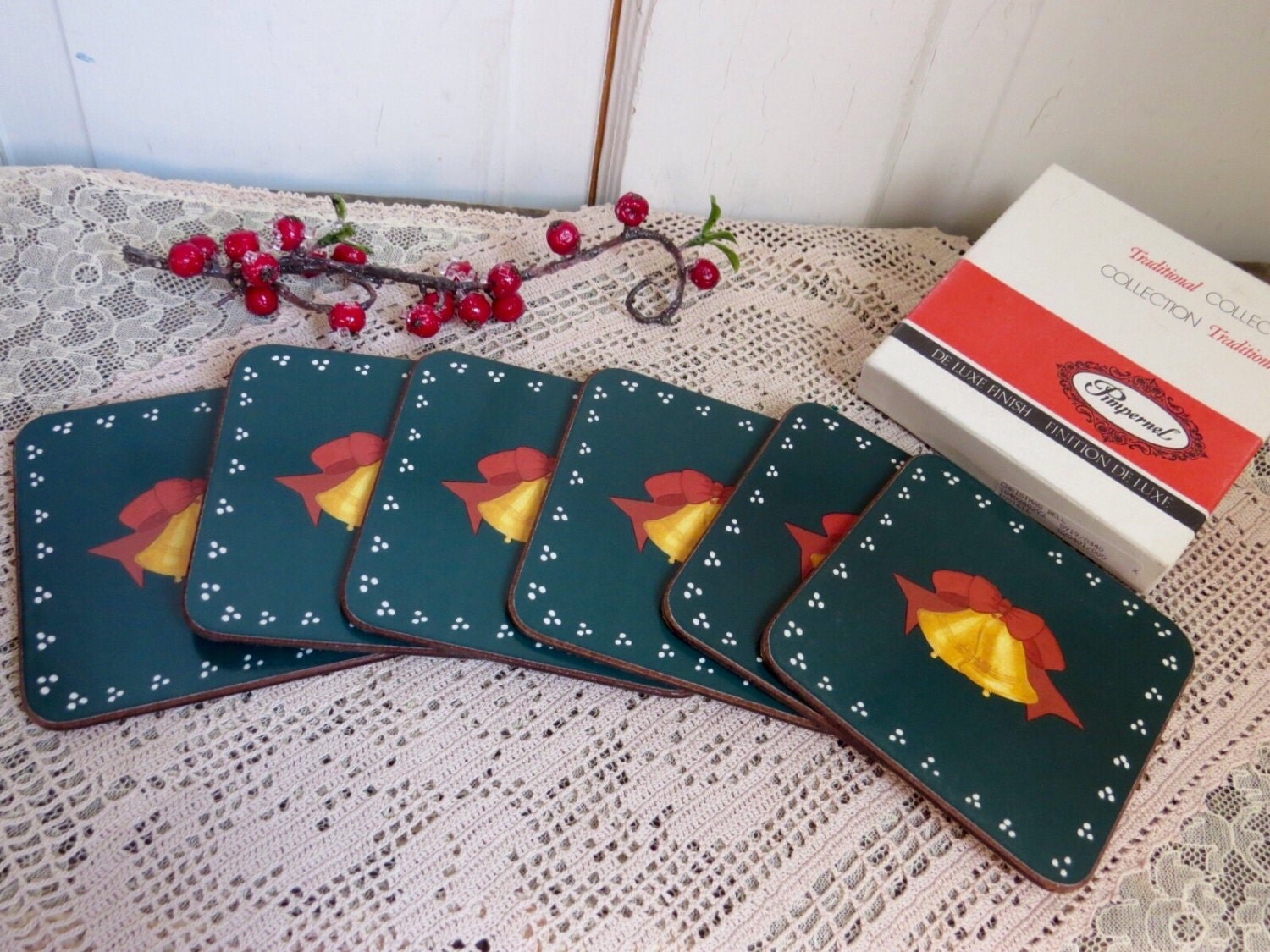 Vintage Pimpernel Coasters Christmas Bell Drink Coaster Set of Six